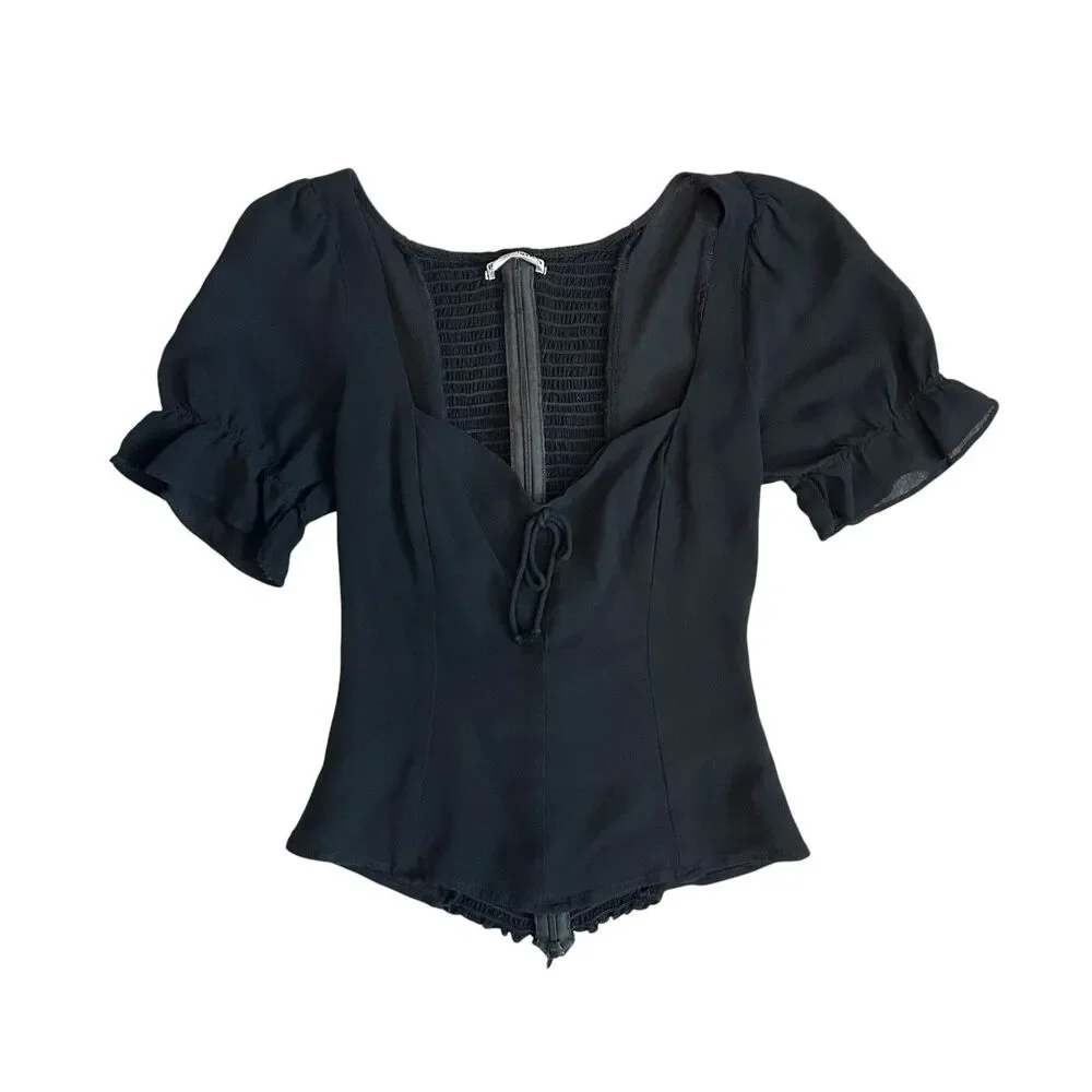 Reformation Top Women's XS Black Puff Sleeve Dark Romantic Boho Sweetheart Neck